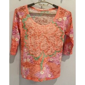 Before + Again Womens Burnout 3/4 Sleeve Tropical Floral Print Shirt Size L
